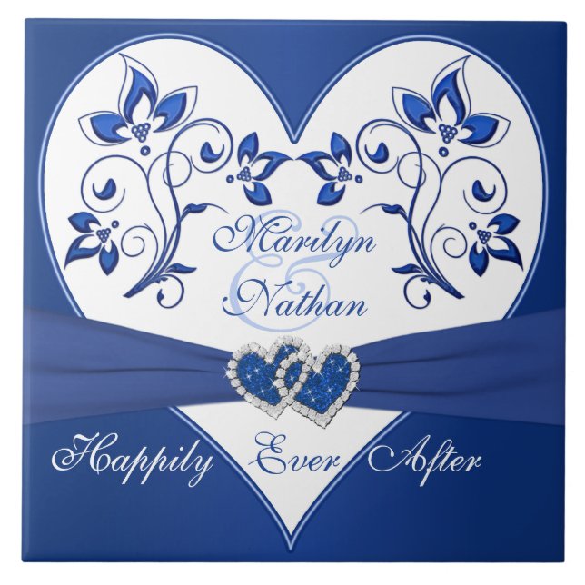 Royal Blue, White Floral Heart Wedding Tile (Front)
