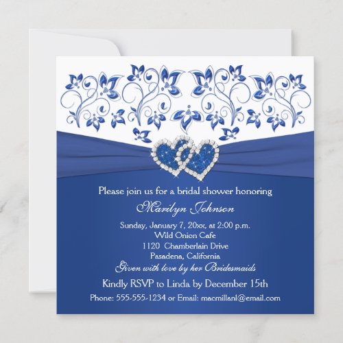 Royal Blue, White Floral Hearts Bridal Shower Custom Invites