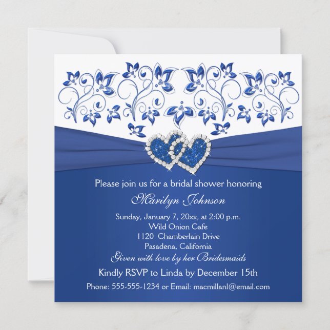 Royal Blue, White Floral Hearts Bridal Shower Invitation (Front)