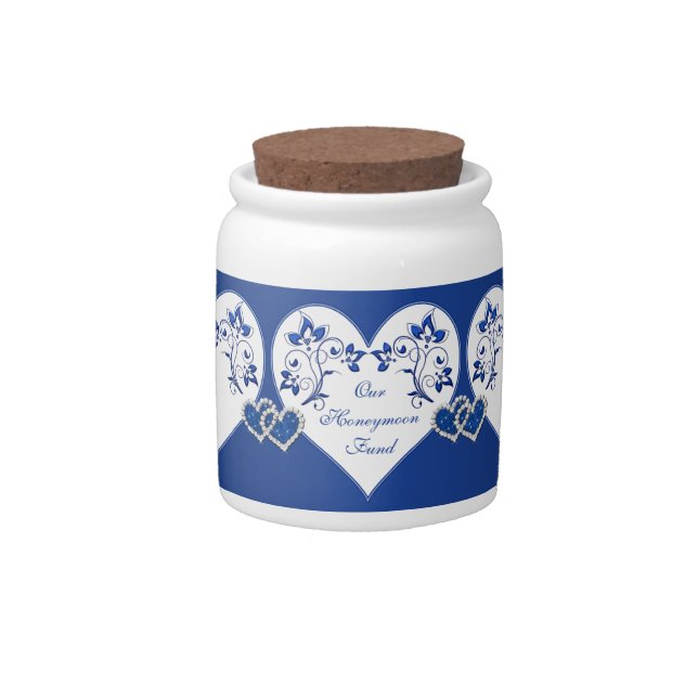 Royal Blue, White Floral Hearts Candy Jar (Front)