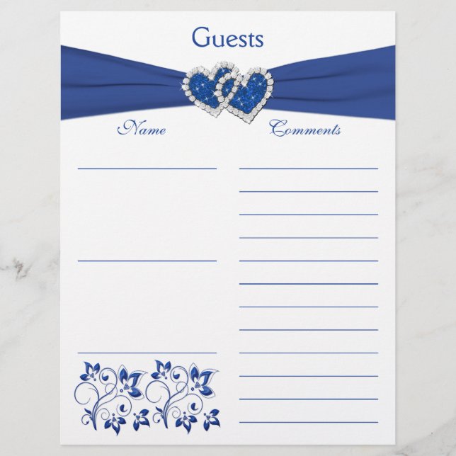 Royal Blue, White Floral Hearts Guest Book Paper (Front)