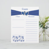 Royal Blue, White Floral Hearts Guest Book Paper (Standing Front)