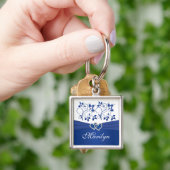 Royal Blue, White Floral Hearts Keychain with Name (Hand)