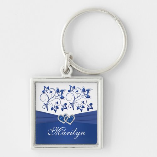 Royal Blue White Floral Hearts Keychain with Name