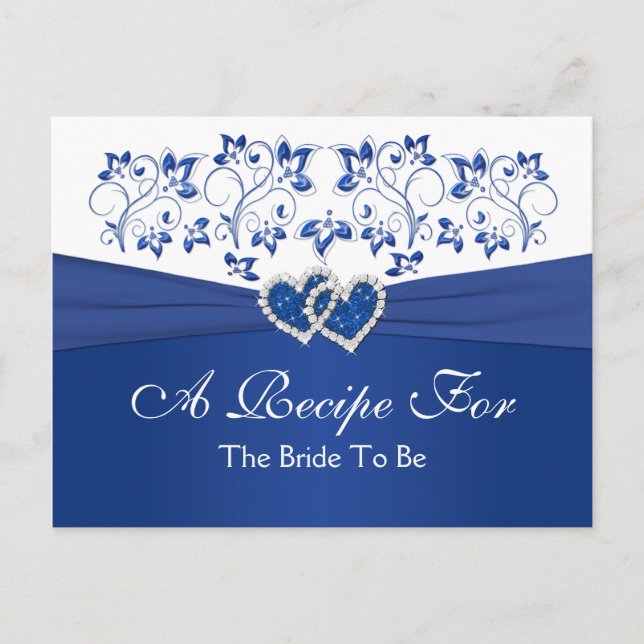 Royal Blue, White Floral Hearts Recipe Card (Front)