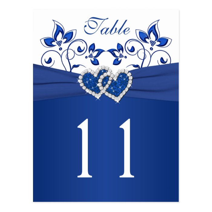 Royal Blue, White Floral Hearts Table Number Card Post Card