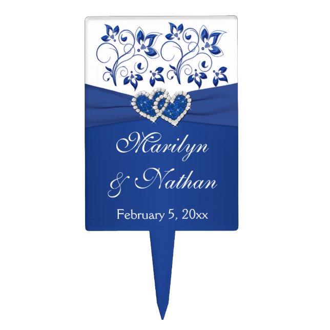 Royal Blue, White Floral Hearts Wedding Cake Pick (Front)