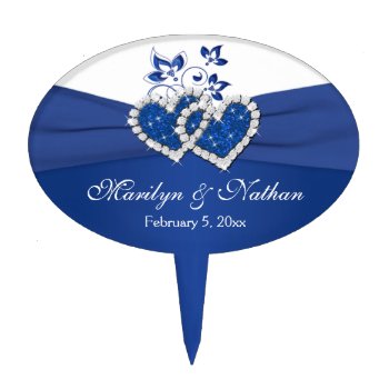 Royal Blue  White Floral Hearts Wedding Cake Pick by NiteOwlStudio at Zazzle