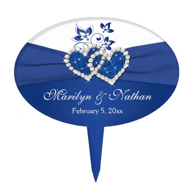 Royal Blue, White Floral Hearts Wedding Cake Pick (Front)