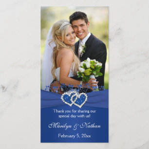 Royal Blue, White Floral Hearts Wedding Photo Card