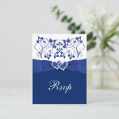 Royal Blue, White Floral, Hearts Wedding RSVP (Standing Front)