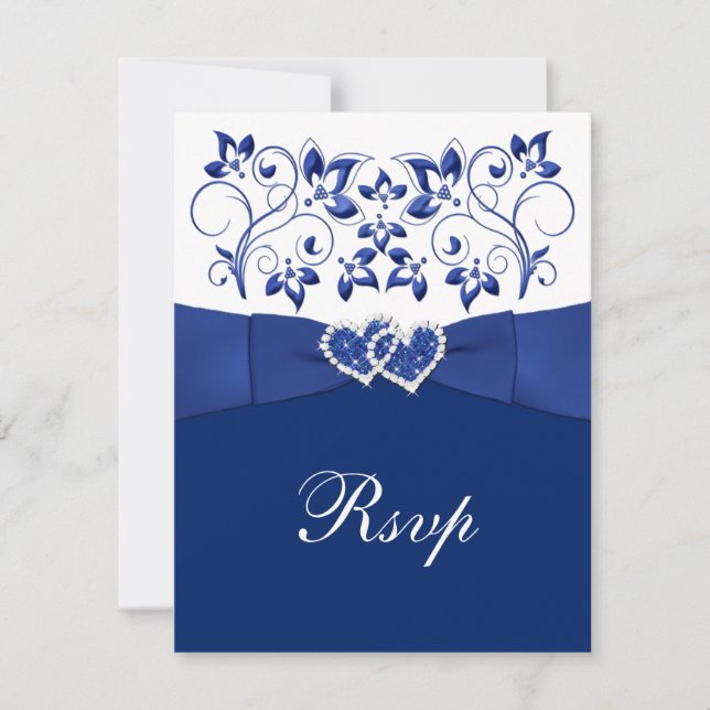Royal Blue, White Floral, Hearts Wedding RSVP (Front)