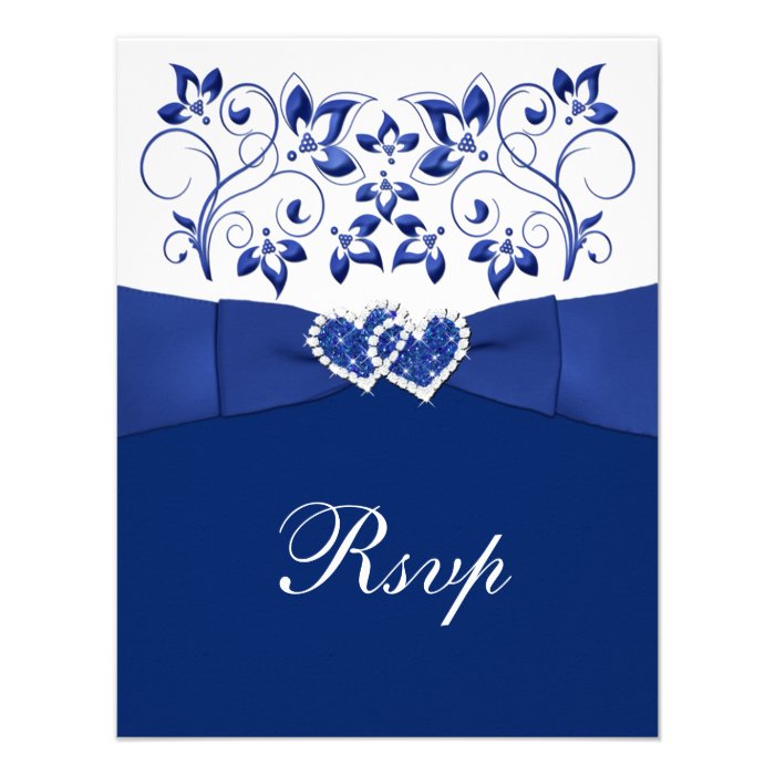 Royal Blue, White Floral, Hearts Wedding RSVP Invitations