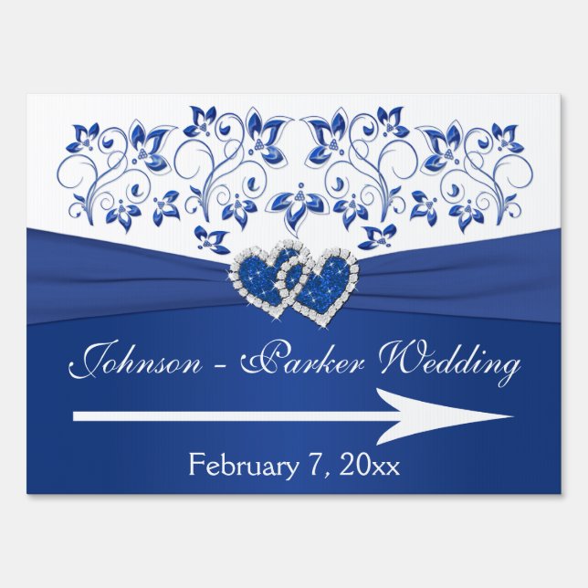 Royal Blue, White Floral Hearts Wedding Sign (Front)