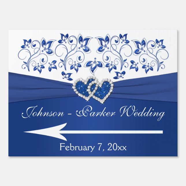 Royal Blue, White Floral Hearts Wedding Sign 2 (Front)