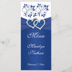 Royal Blue, White Floral Joined Hearts Menu Card