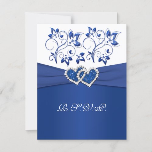Royal Blue, White Floral Joined Hearts RSVP Card