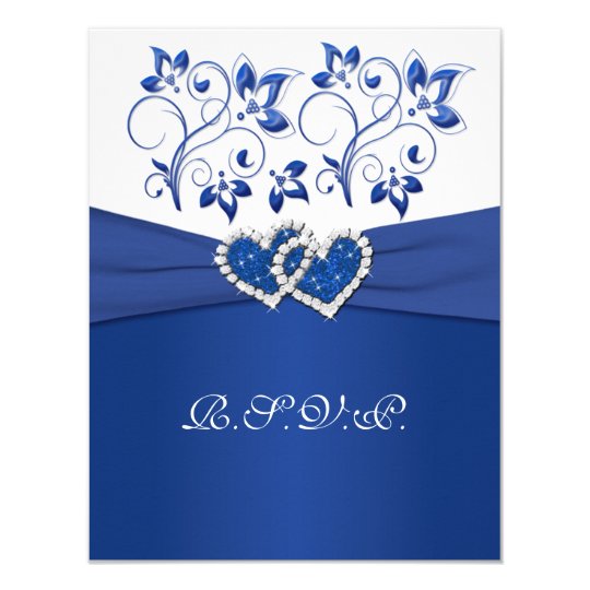 Royal Blue, White Floral Joined Hearts RSVP Card