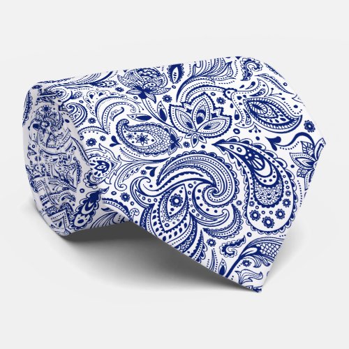 Royal Blue  White Floral Paisley Pattern Tie