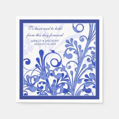 Royal Blue White Floral Personalized Wedding Paper Napkins