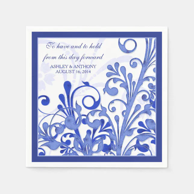 Royal Blue White Floral Personalized Wedding Paper Napkins | Zazzle