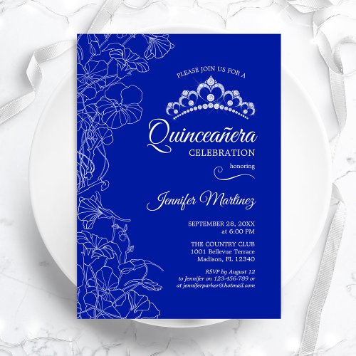 Royal Blue White Floral Quinceanera Party Invitation