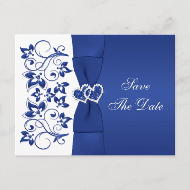 Royal Blue, White Floral Save The Date Post Card (Front)
