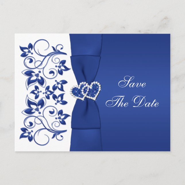 Royal Blue, White Floral Save The Date Post Card (Front)