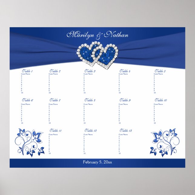 Royal Blue, White Floral Table Seating Poster (Front)