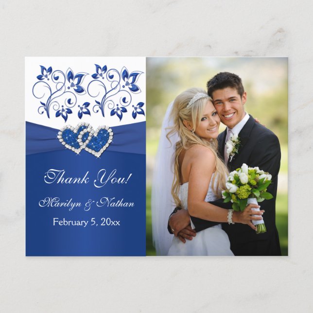 Royal Blue, White Floral Thank You Photo Card (Front)