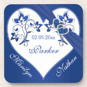 Royal Blue, White Floral Wedding Coaster Set (6) (Front)