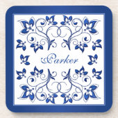 Royal Blue, White Floral Wedding Coaster Set (6) (Front)