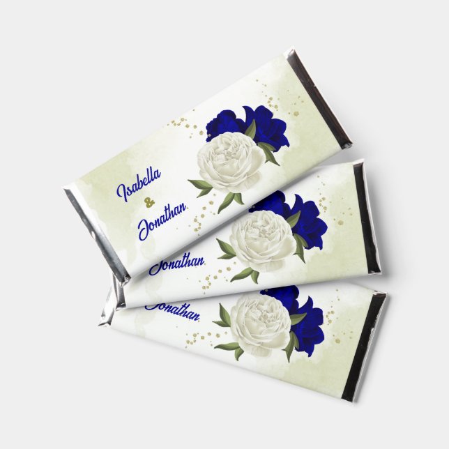 Royal blue white floral wedding hershey bar favors (Front)