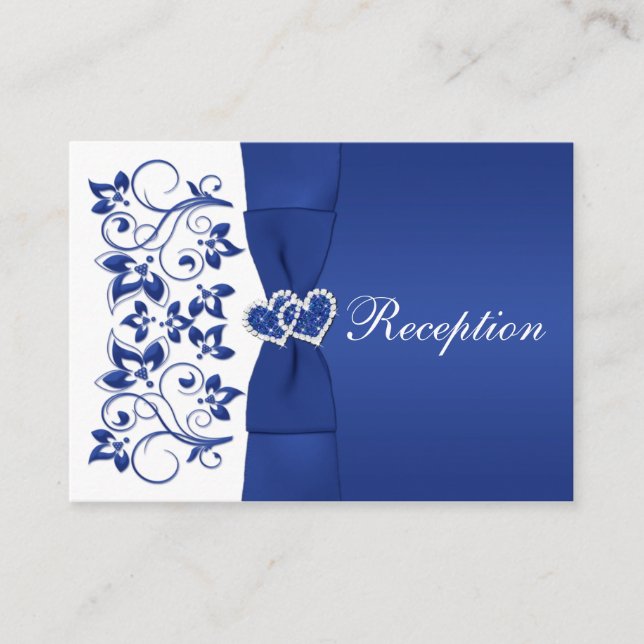 Royal Blue, White Floral Wedding Reception Card (Front)