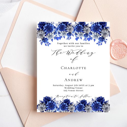 Royal blue white florals budget wedding invitation