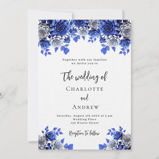 Royal blue white florals luxury wedding invitation (Front)