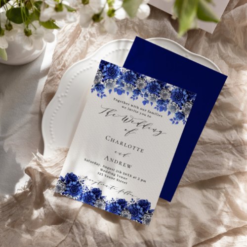 Royal blue white florals script luxury wedding invitation