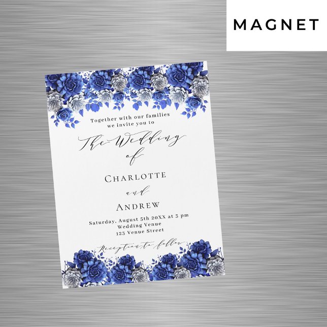 Royal blue white florals script luxury wedding magnetic invitation (Creator Uploaded)