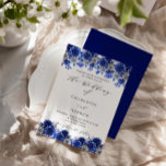 Royal blue white florals script wedding invitation<br><div class="desc">A white background,  decorated with blue and white flowers.  Personalize and add your names and details.  
Back: blue background.</div>