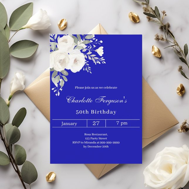 Royal blue white flowers birthday invitation (Creator Uploaded)