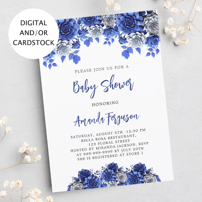 Royal blue white flowers boy baby shower invitation Zazzle