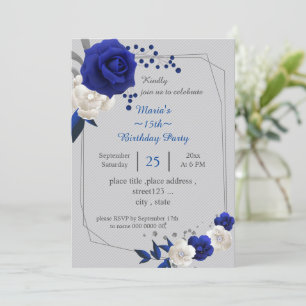royal blue white flowers geometric birthday invitation