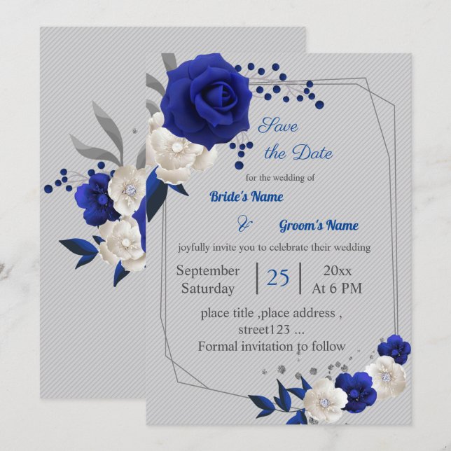 royal blue white flowers geometric save the date invitation (Front/Back)