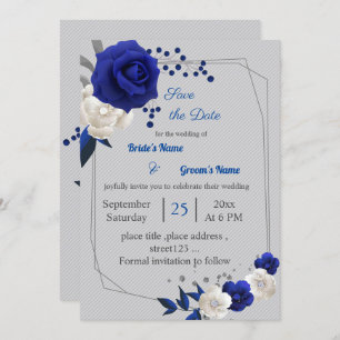 royal blue white flowers geometric save the date invitation