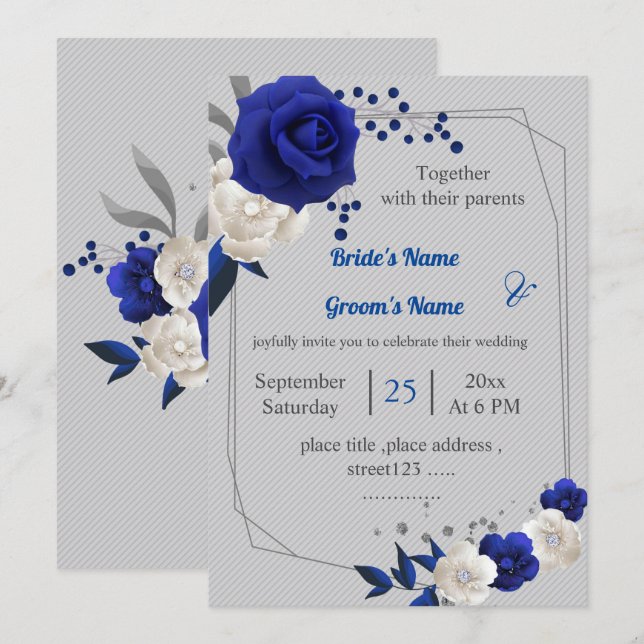 royal blue white flowers geometric wedding invitation (Front/Back)