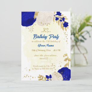 royal blue & white flowers gold birthday099 invitation