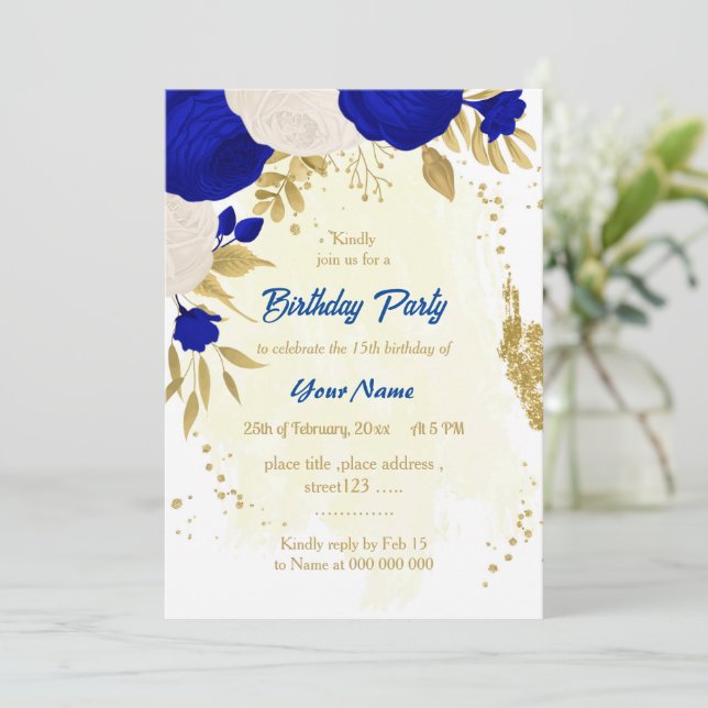 royal blue & white flowers gold birthday invitation (Standing Front)
