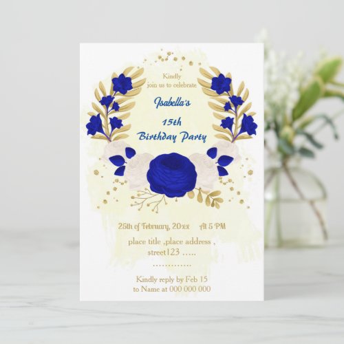 royal blue  white flowers gold birthday invitation