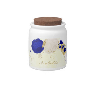 royal blue white flowers gold botanical candy jar