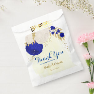 royal blue white flowers gold botanical favor bag
